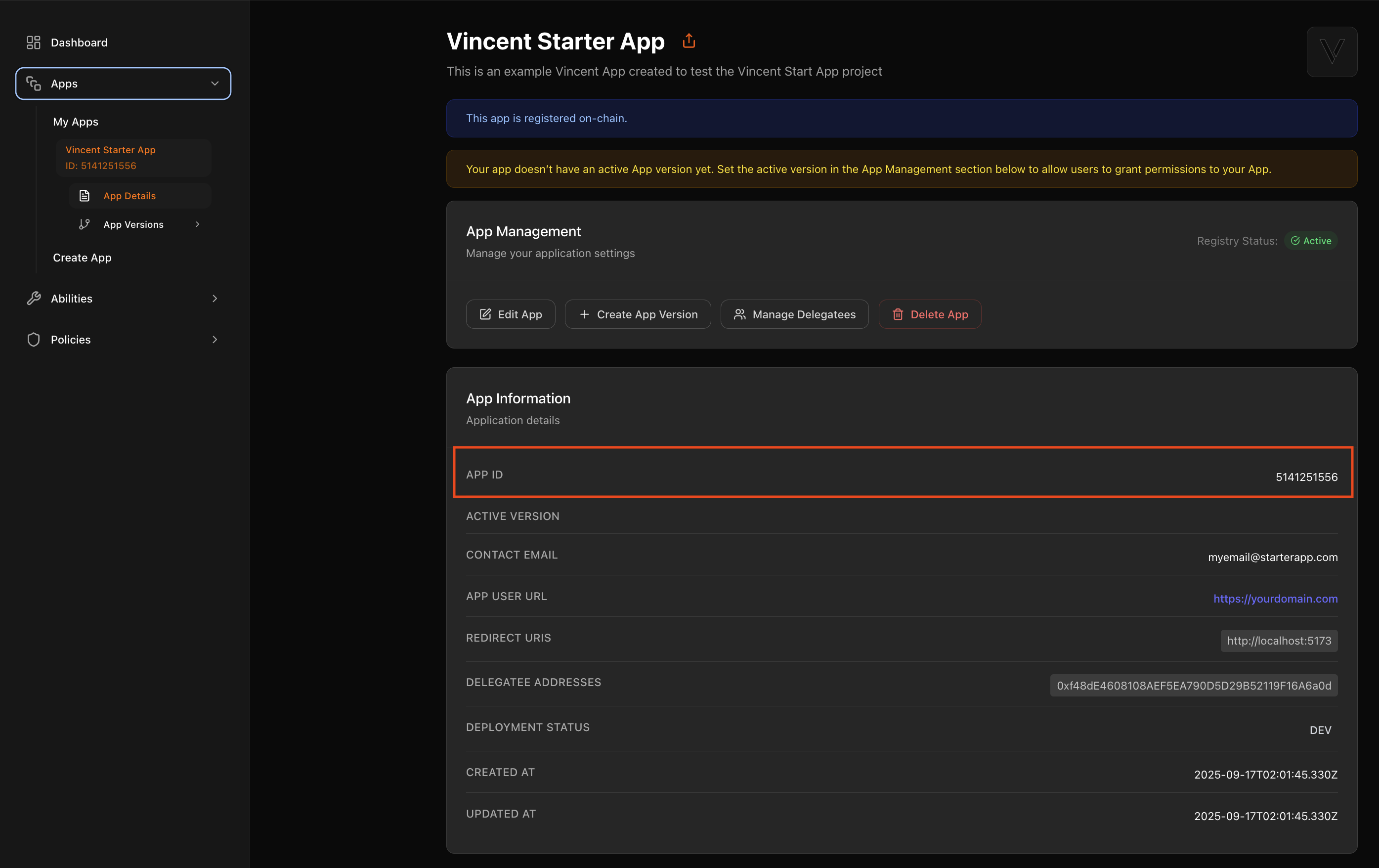 Obtain your Vincent App ID