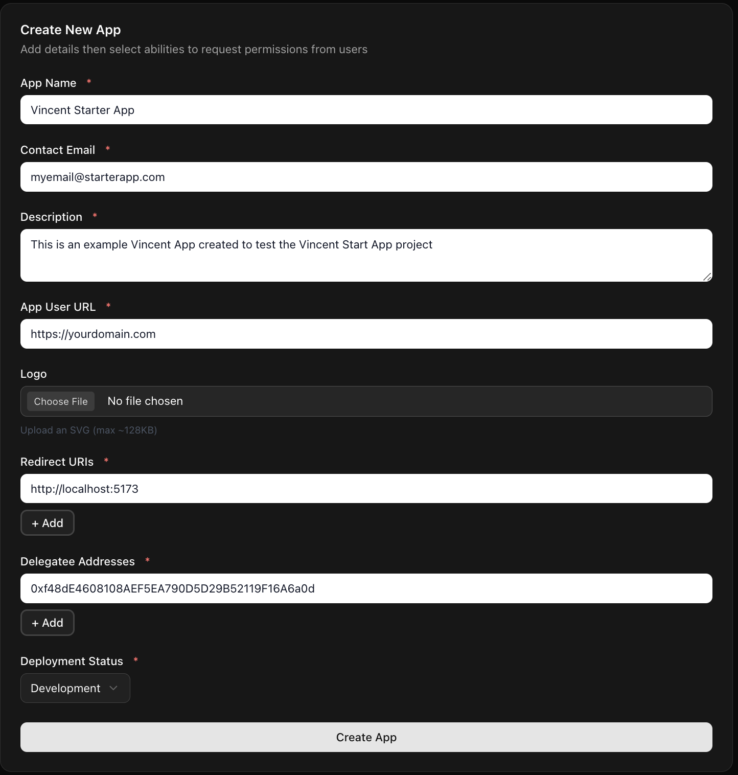 Completed create new app form