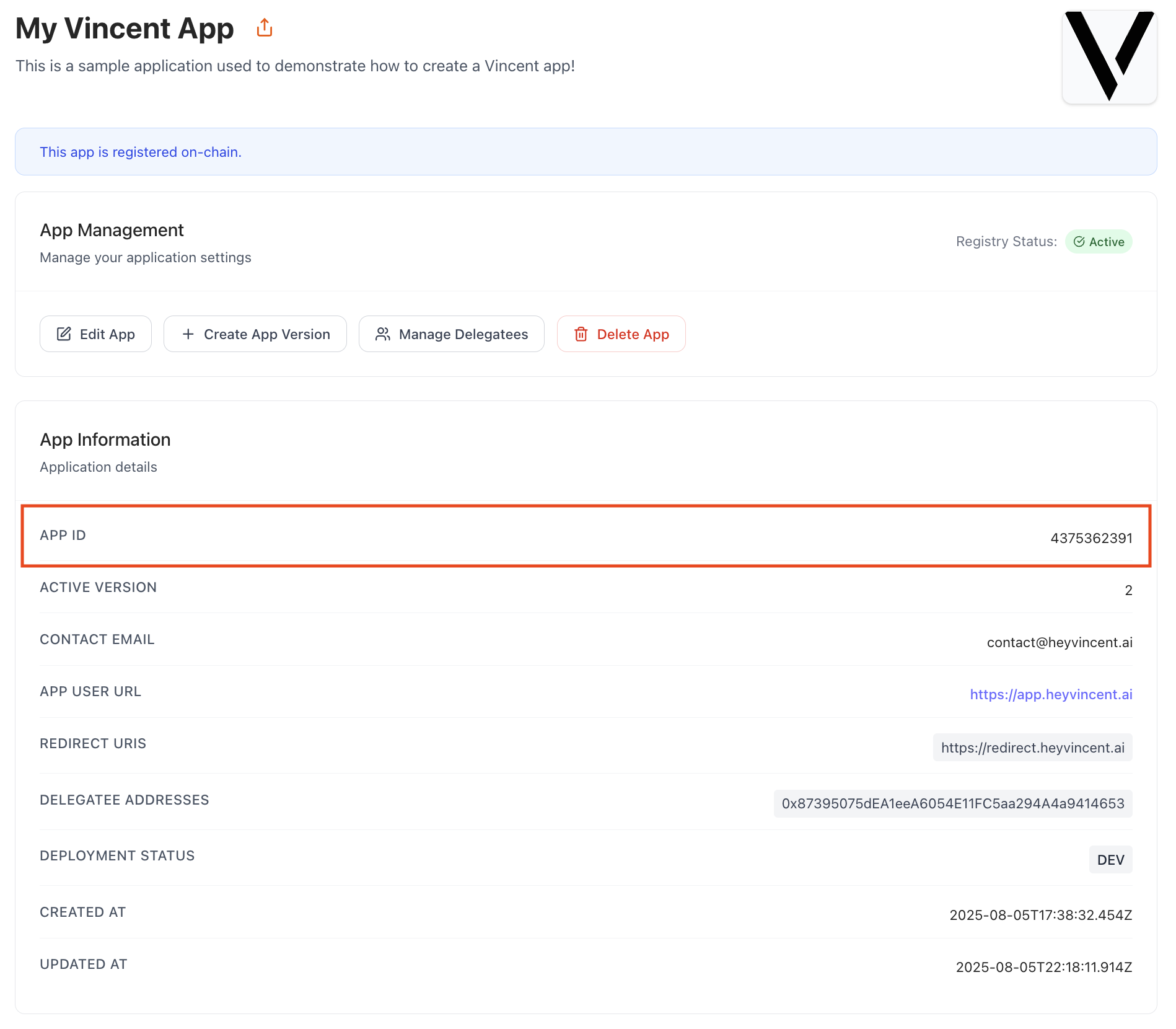 Vincent App Dashboard