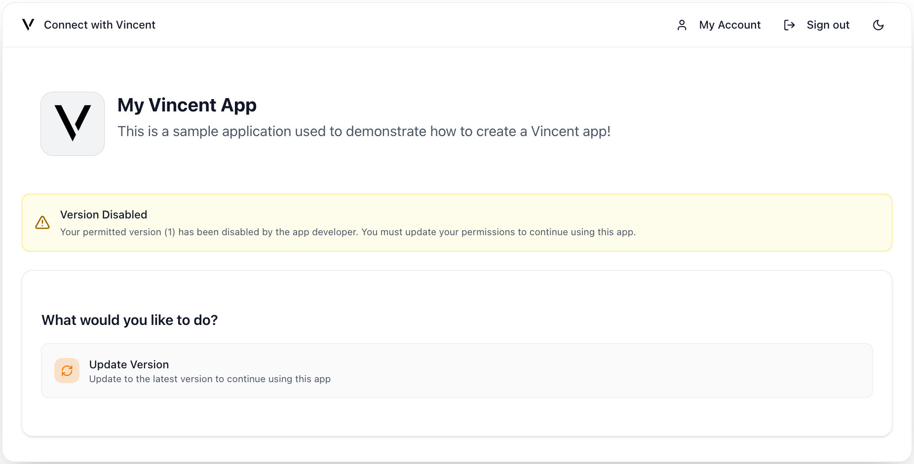 Disabled App Version Upgrade Dialog